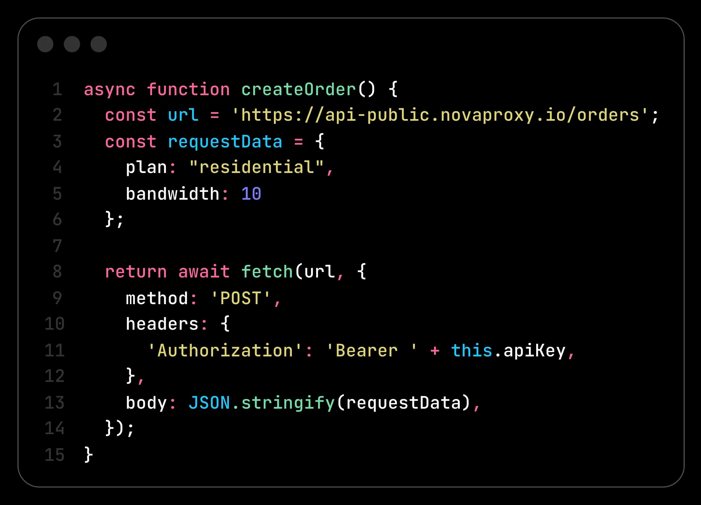 JavaScript code sample: creating an order with the NovaProxy API using node-fetch