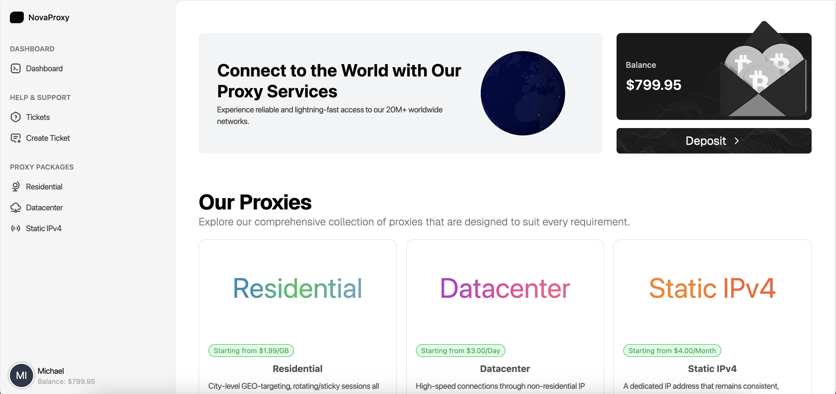 NovaProxy residential proxy network dashboard